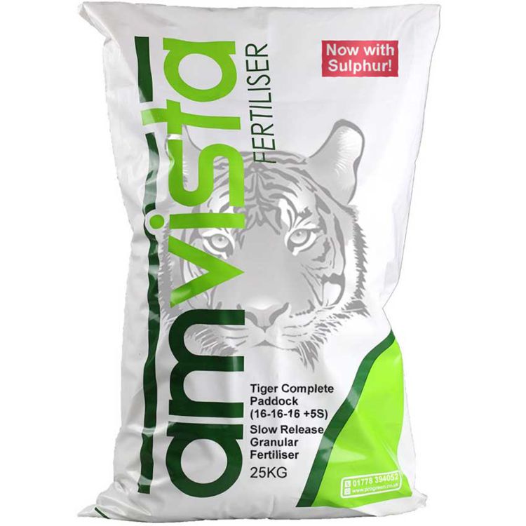 Amvista Tiger Complete Slow Release Paddock Fertiliser [16-16-16+5S], 25kg (1300m2)